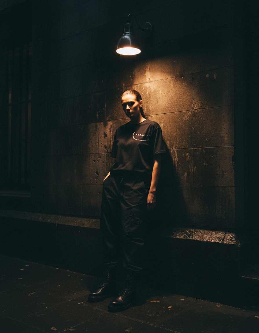 Model in the Durelle Gothic Smoke graphic tee against a dark stone wall at night