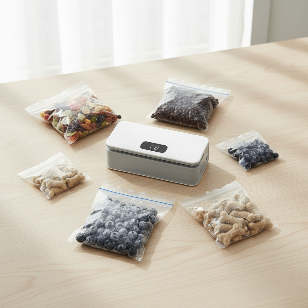 ZIPERO sealer next to resealed bags of trail mix, coffee beans, frozen berries and pet treats