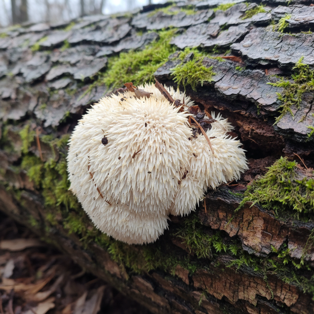 Wild Lion's Mane mushroom growing from a mossy fallen log