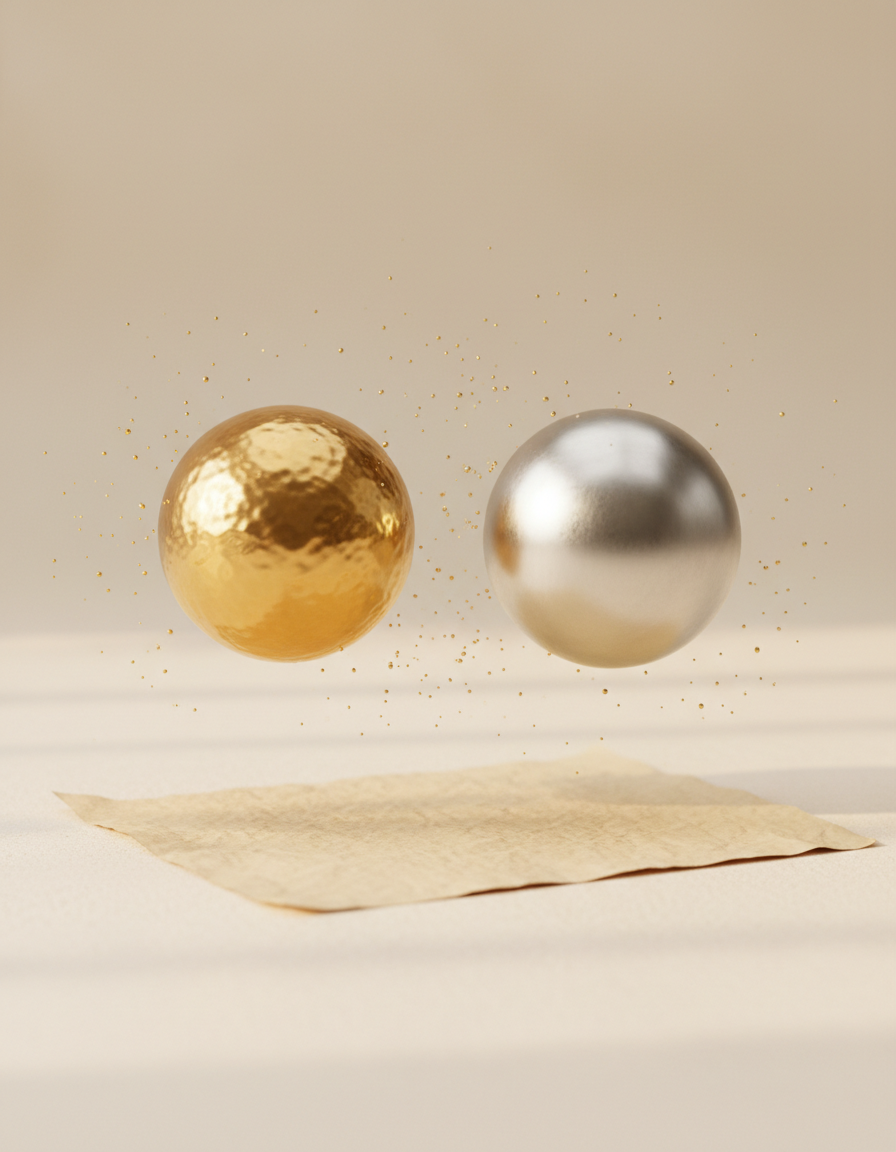 A sphere of hammered gold and a sphere of polished platinum floating above parchment, surrounded by drifting golden particles