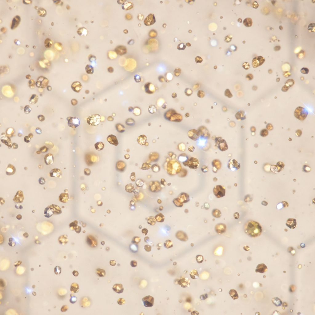 Fine glittering metallic crystal particles suspended in clear water