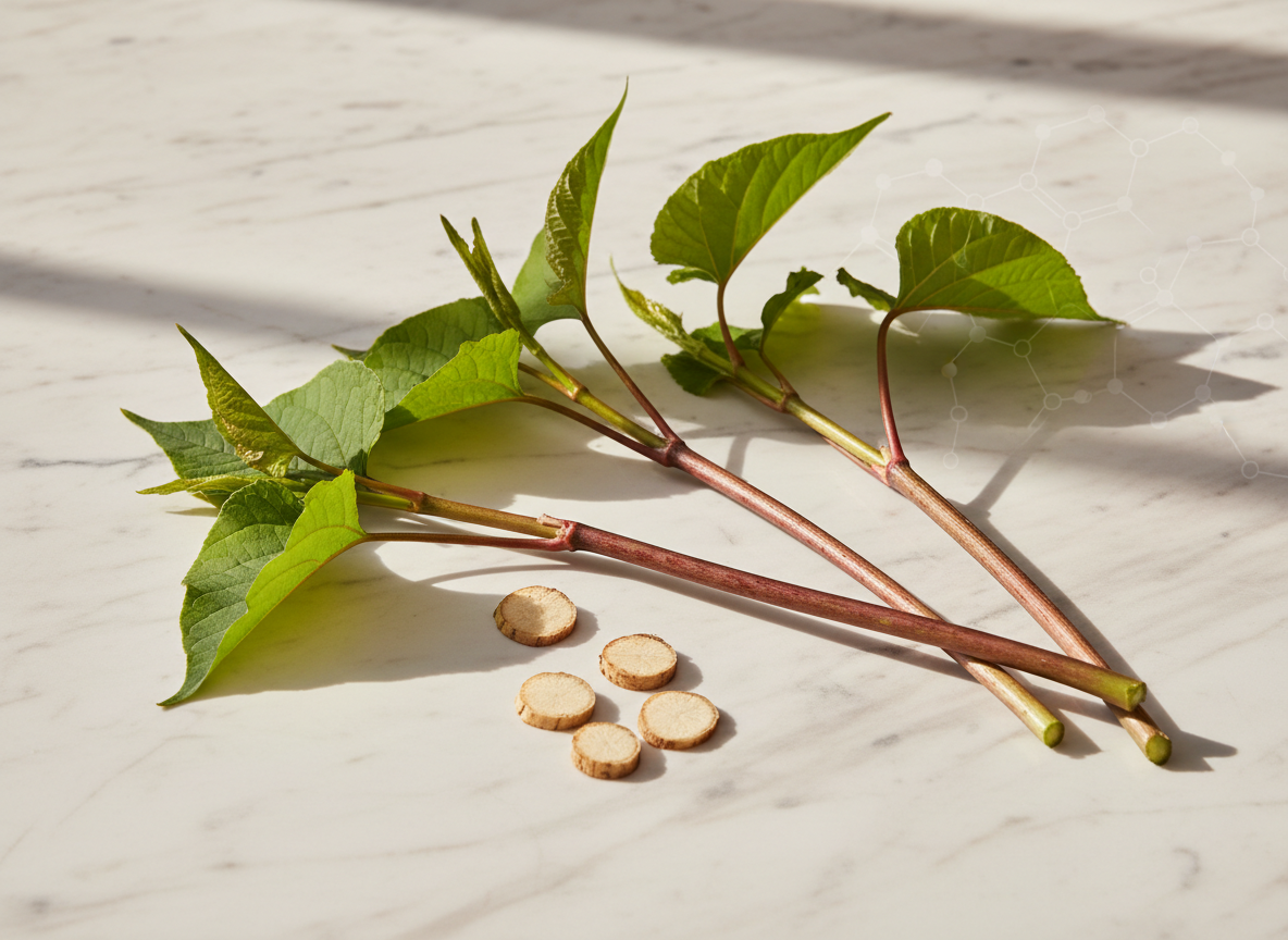 Japanese knotweed stems, leaves and root slices on pale marble