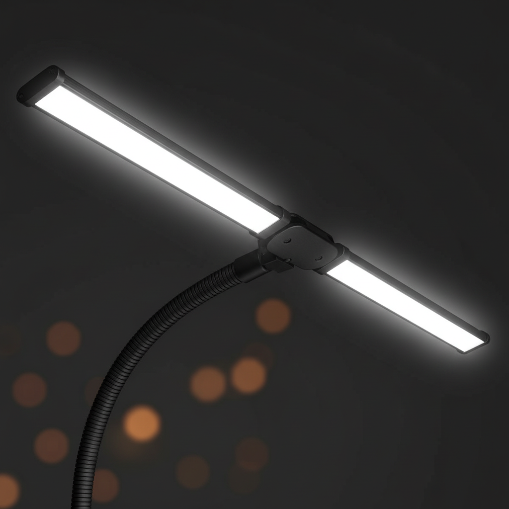 Close-up of the lamp's center joint and flexible black gooseneck