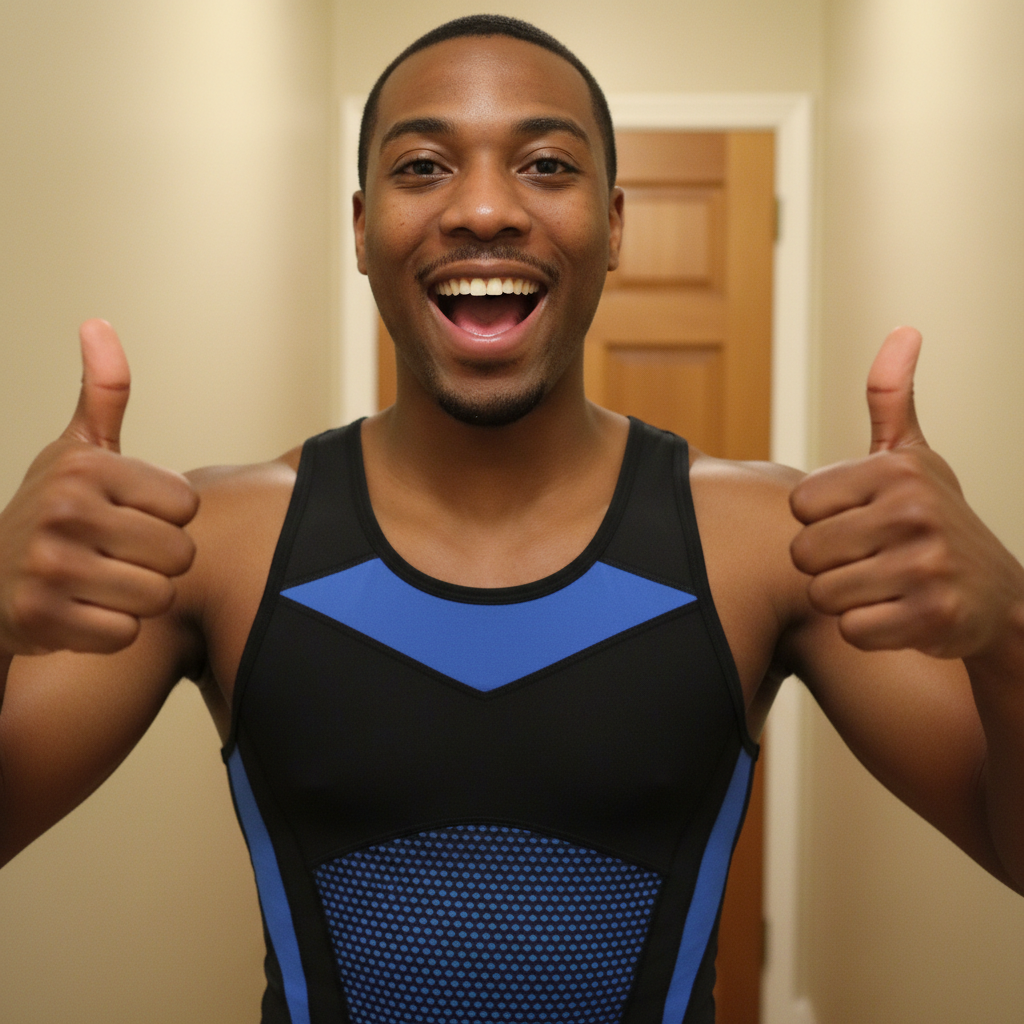 Happy customer giving two thumbs up in the vest