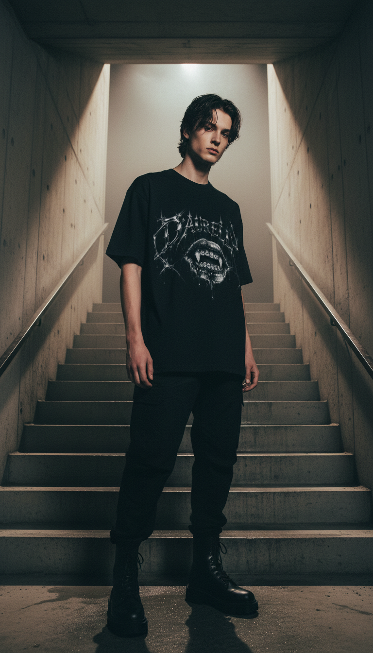 Model in the D’Aurelle oversized black graphic tee standing in a brutalist concrete space