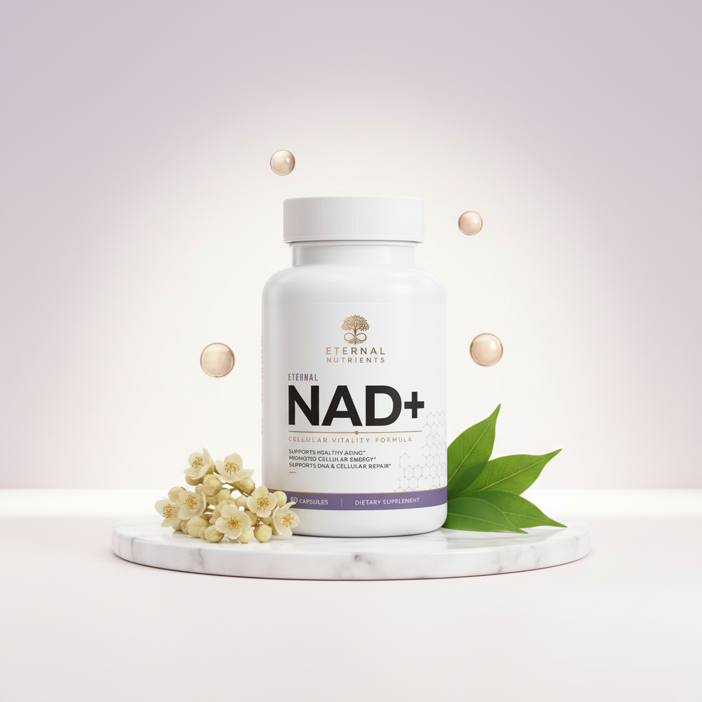 Eternal NAD+ bottle surrounded by Sophora japonica buds, Japanese knotweed leaves and golden spheres
