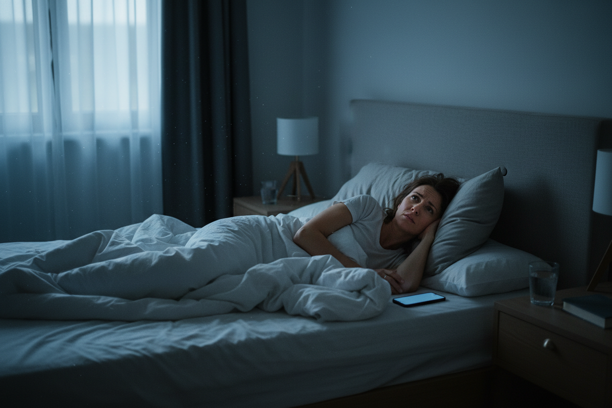 A woman lying awake in bed at night, unable to fall asleep