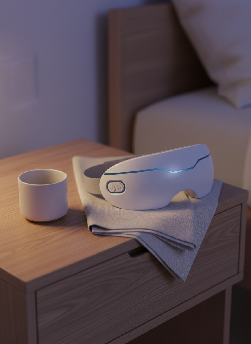 Zento sleep eye comfort mask on a light oak nightstand at dusk