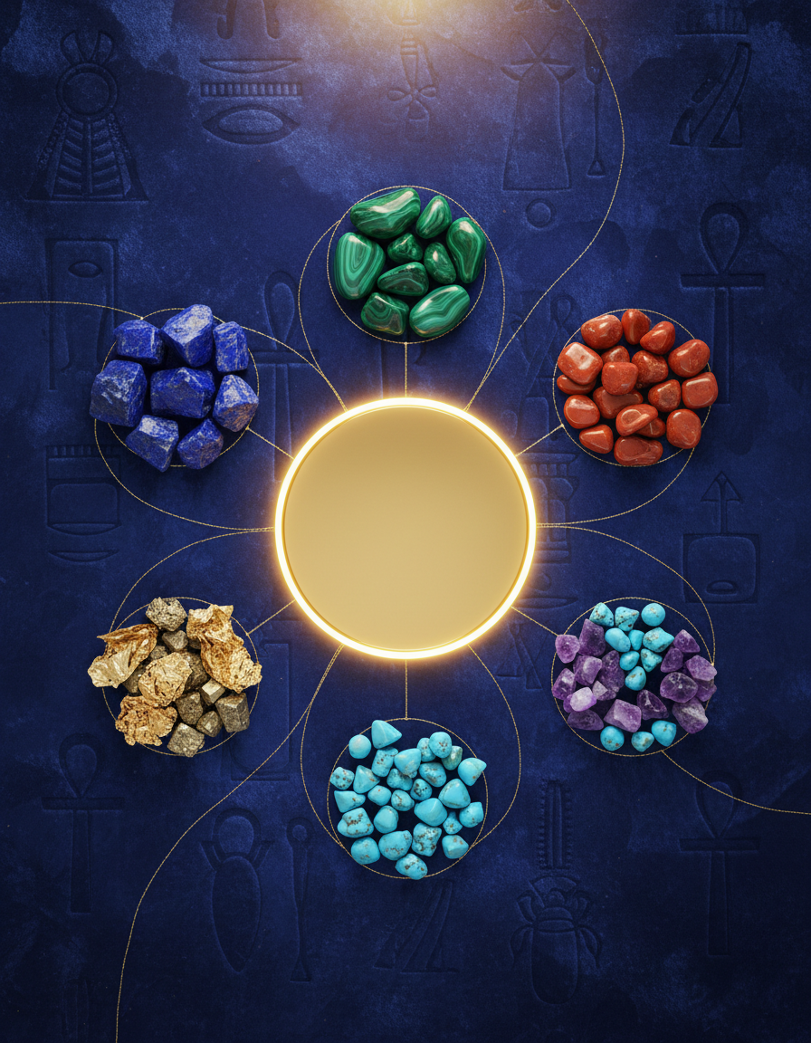 Circles of lapis lazuli, malachite, carnelian, amethyst, turquoise and pyrite arranged around a glowing golden centre on deep blue velvet