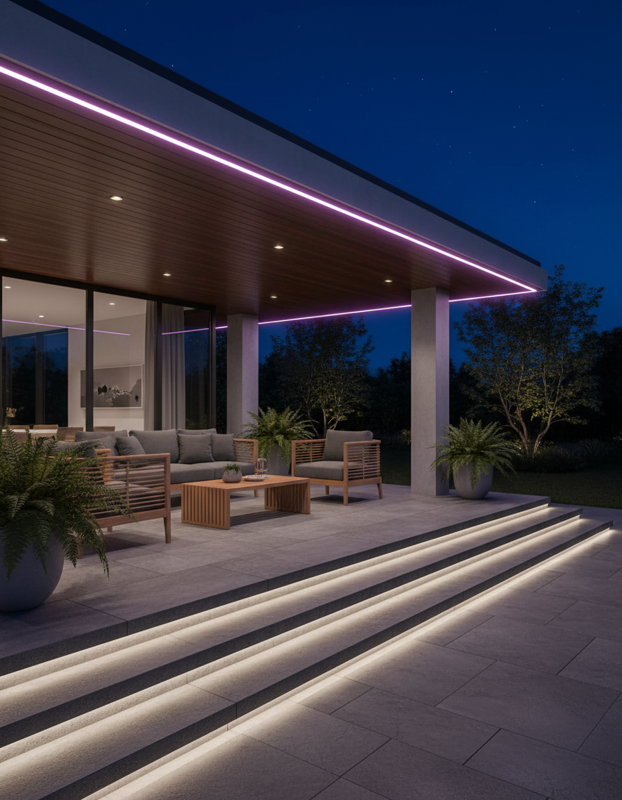 Covered patio outlined in pink and violet neon light at night