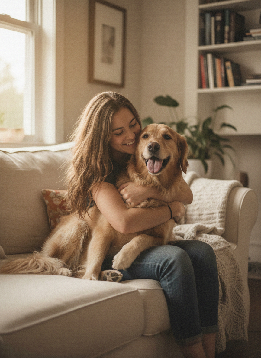 Clienta abrazando a su golden retriever