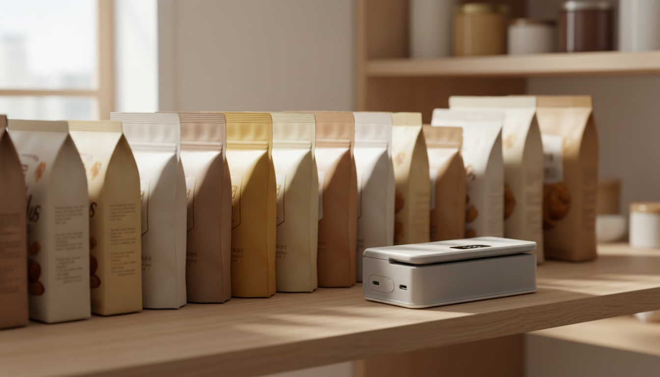 Organized pantry shelf with neatly resealed snack, cereal and coffee bags