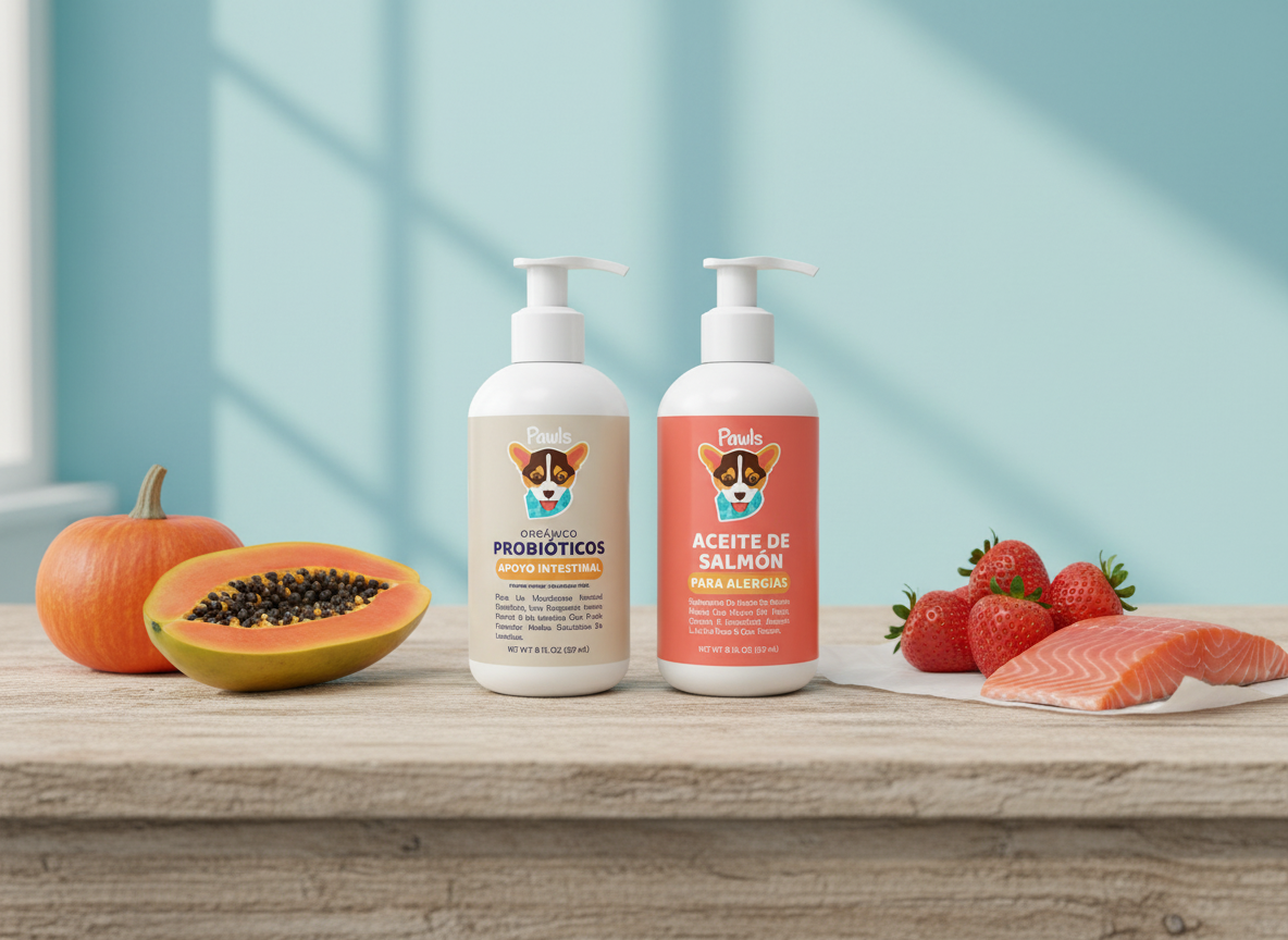 Frascos Pawls rodeados de calabaza, papaya y salmón