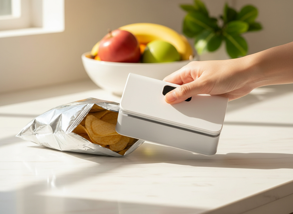 Hand sliding an open bag of chips into the ZIPERO sealer on a bright kitchen counter