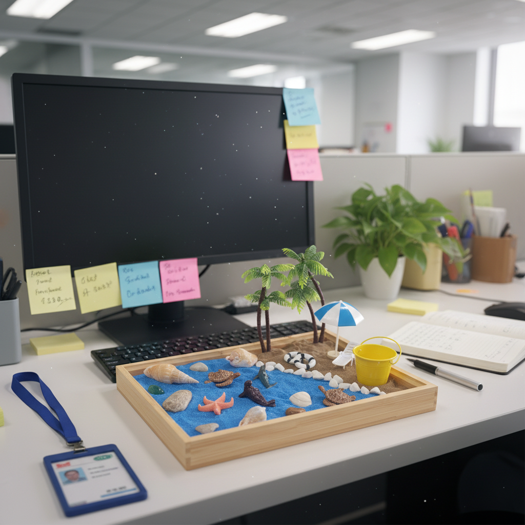 Miniature beach set in a sand tray on an office desk surrounded by sticky notes
