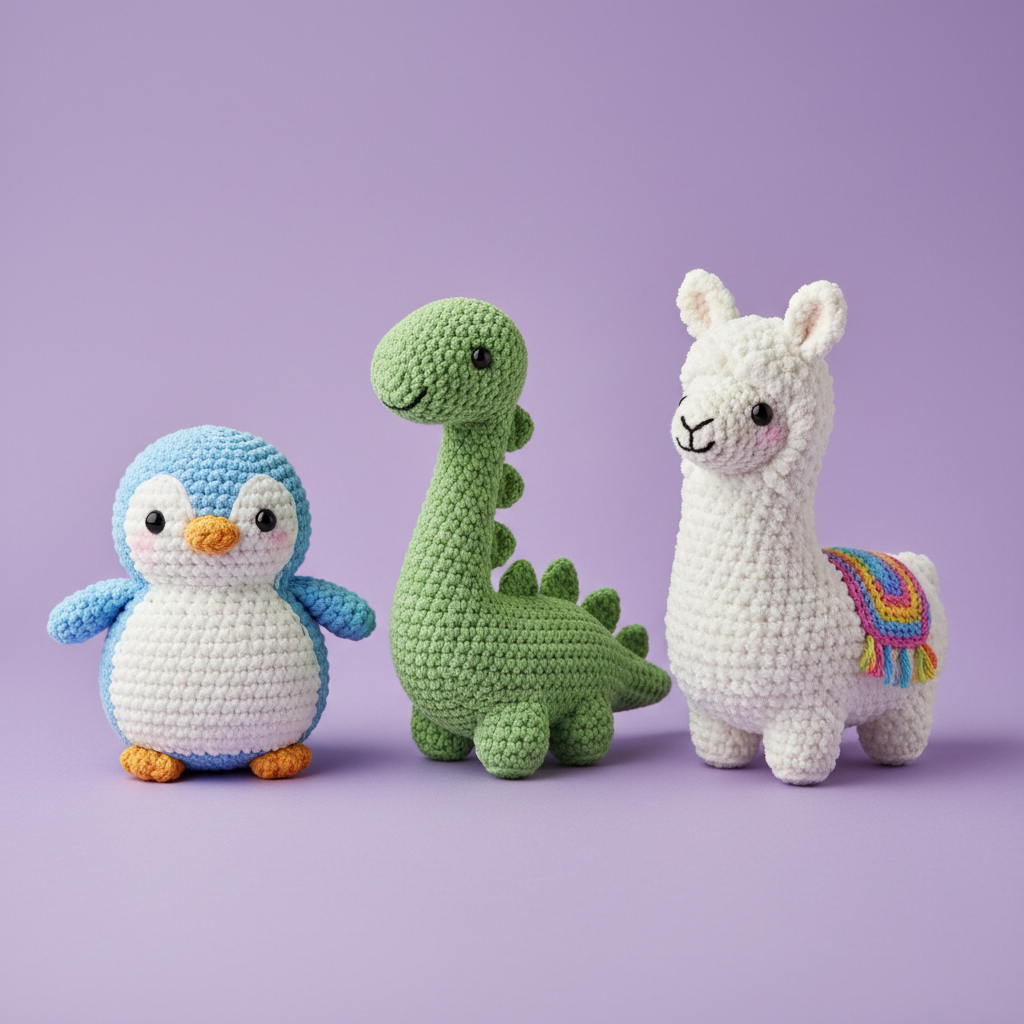 Crocheted penguin, dinosaur and llama