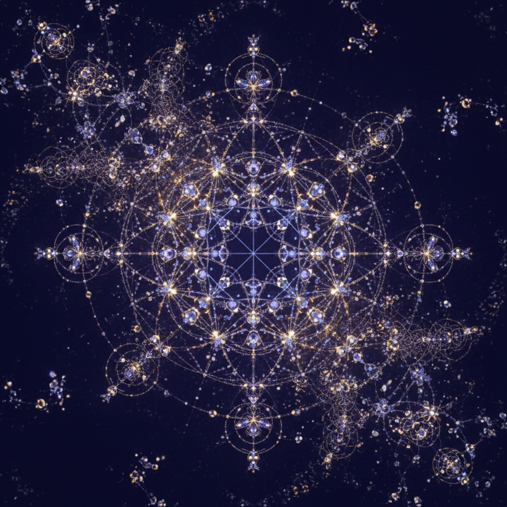 A luminous lattice of tiny crystalline points forming sacred geometry on deep indigo