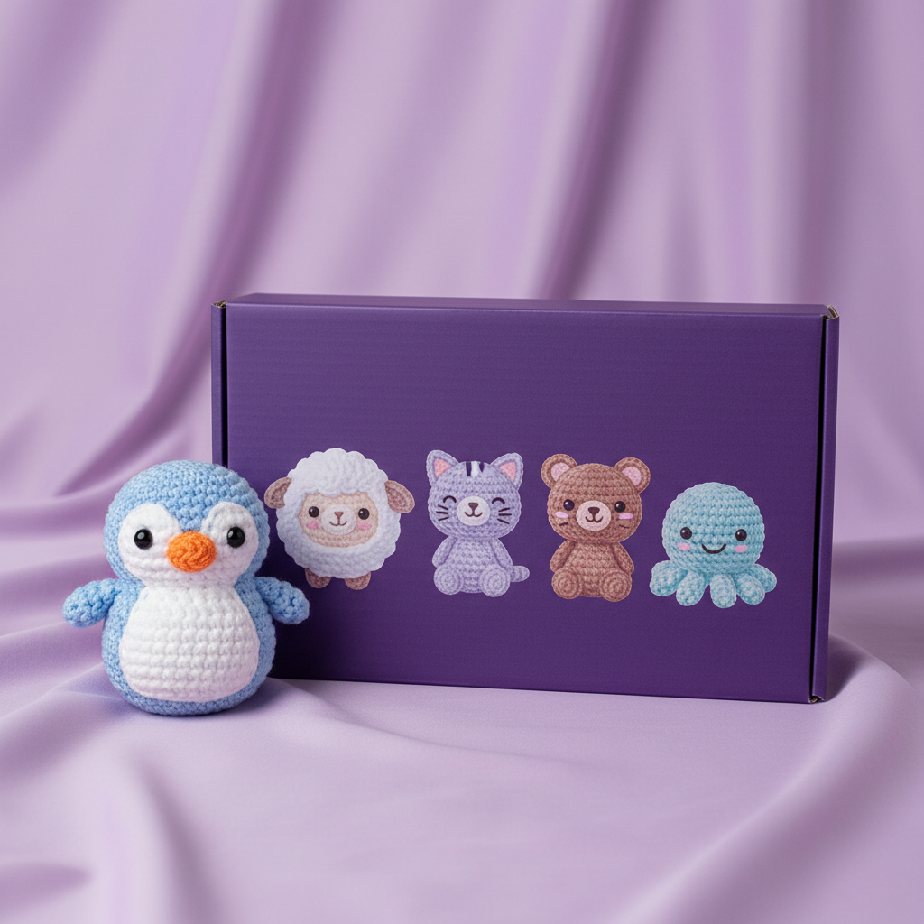 Zero to Hero Beginner Gift Box with a crocheted penguin