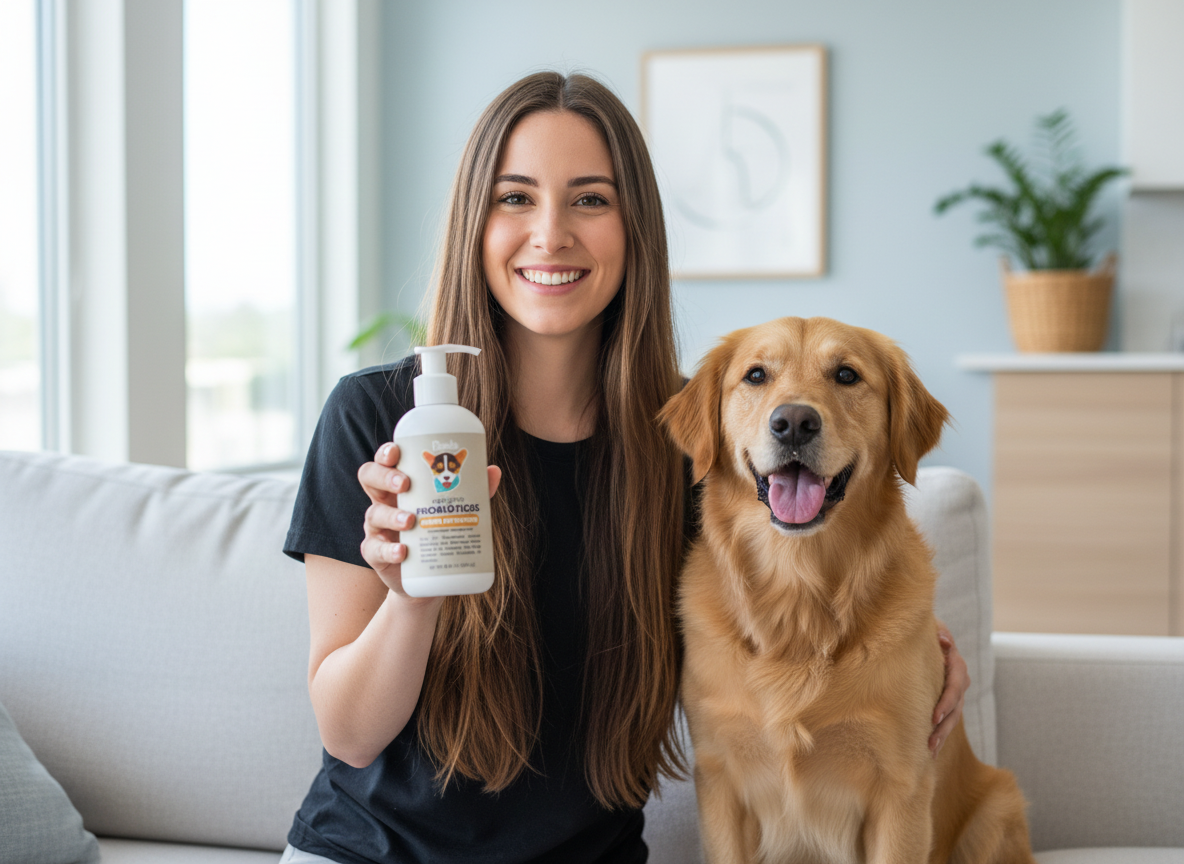 Dueña sonriente sosteniendo el Kit Natural Pawls junto a su perro