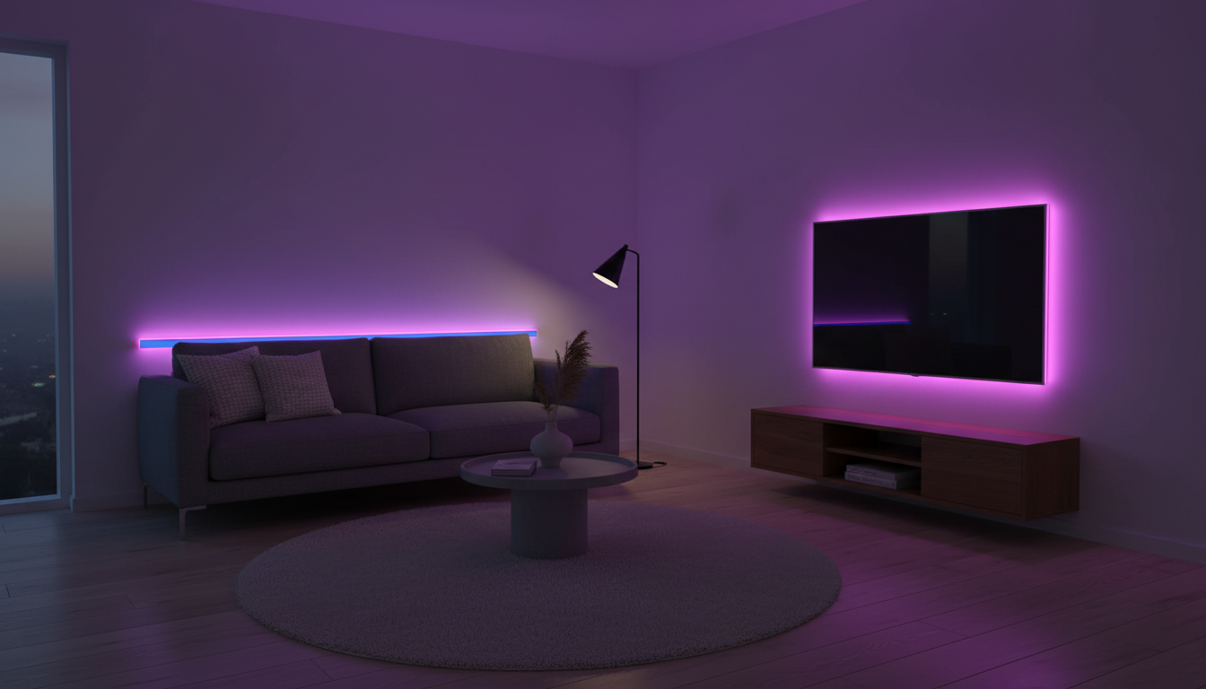 Living room lit by a magenta and blue neon light strip behind the sofa
