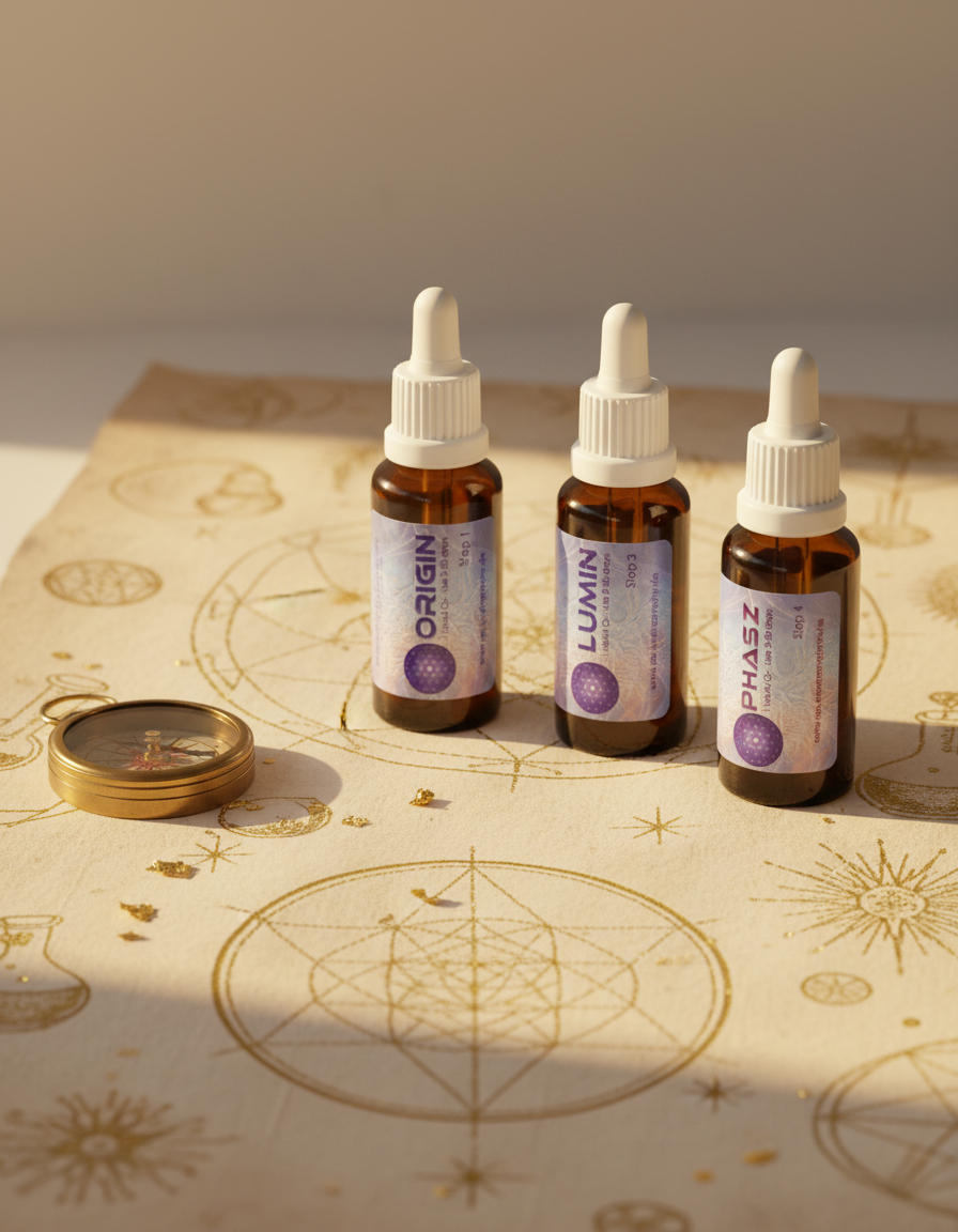 The four Step-by-Step bottles — Origin, Lumin, Iphaz and Phasix — arranged on an antique parchment manuscript with golden geometric drawings