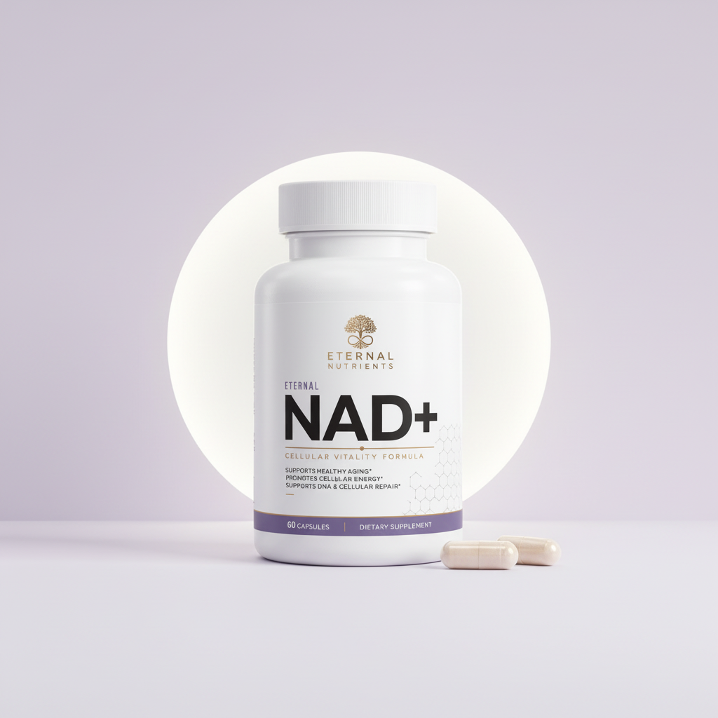 Eternal NAD+ bottle on a soft lavender background with two capsules