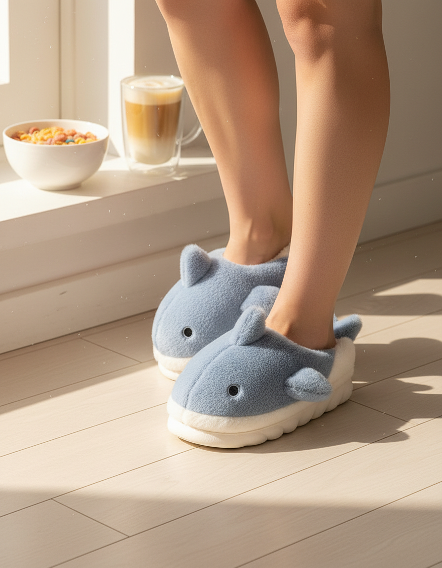 Closed-toe plush shark slippers on a sunny kitchen floor at breakfast