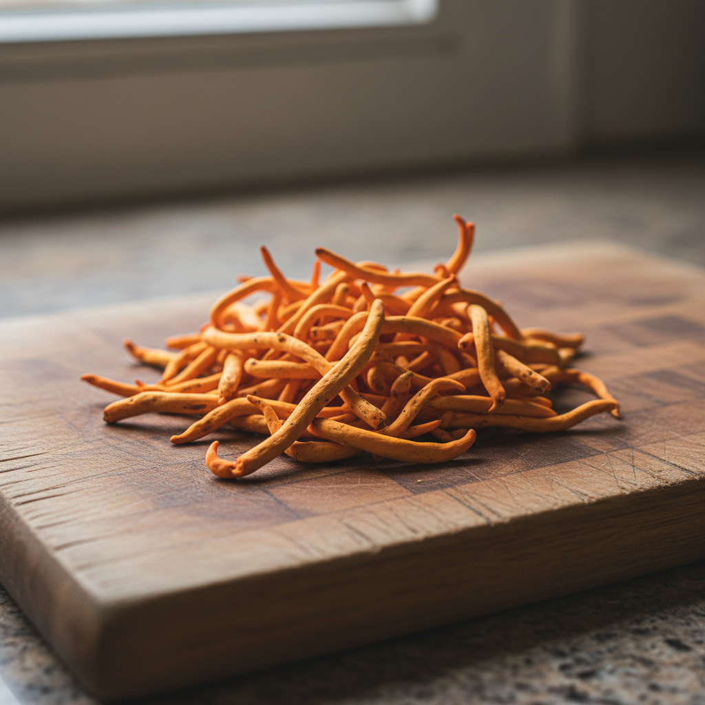 Freshly harvested orange Cordyceps mushrooms on a wooden board