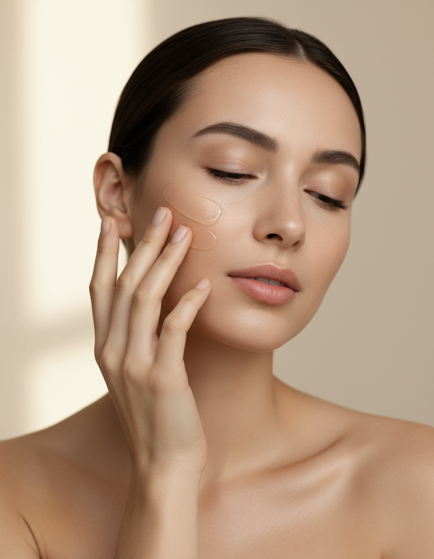 Model pressing serum into her cheekbone during a morning ritual
