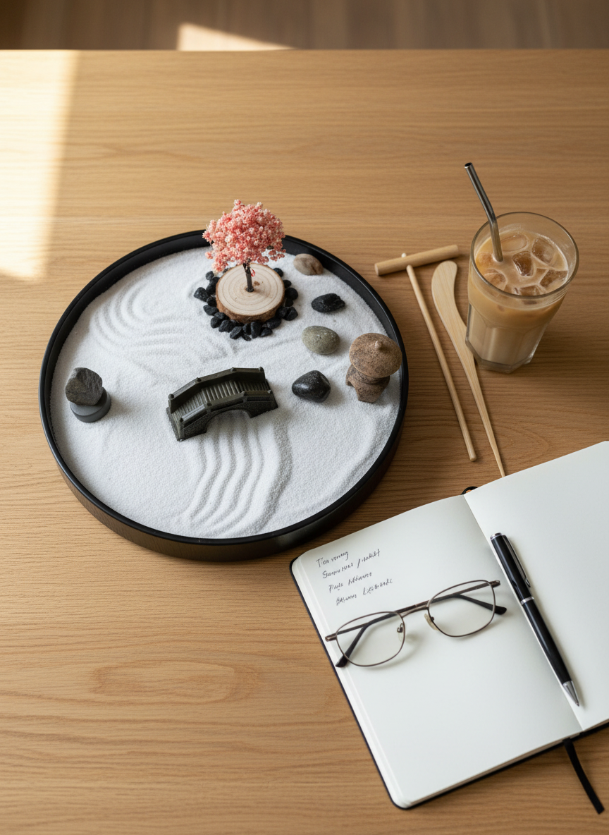 Overhead shot of a round zen garden kit on an oak coffee table with an iced latte and an open notebook