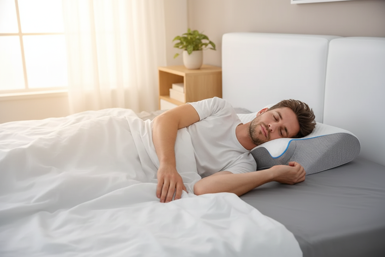 A man sleeping comfortably with his neck supported by the memory foam cervical pillow