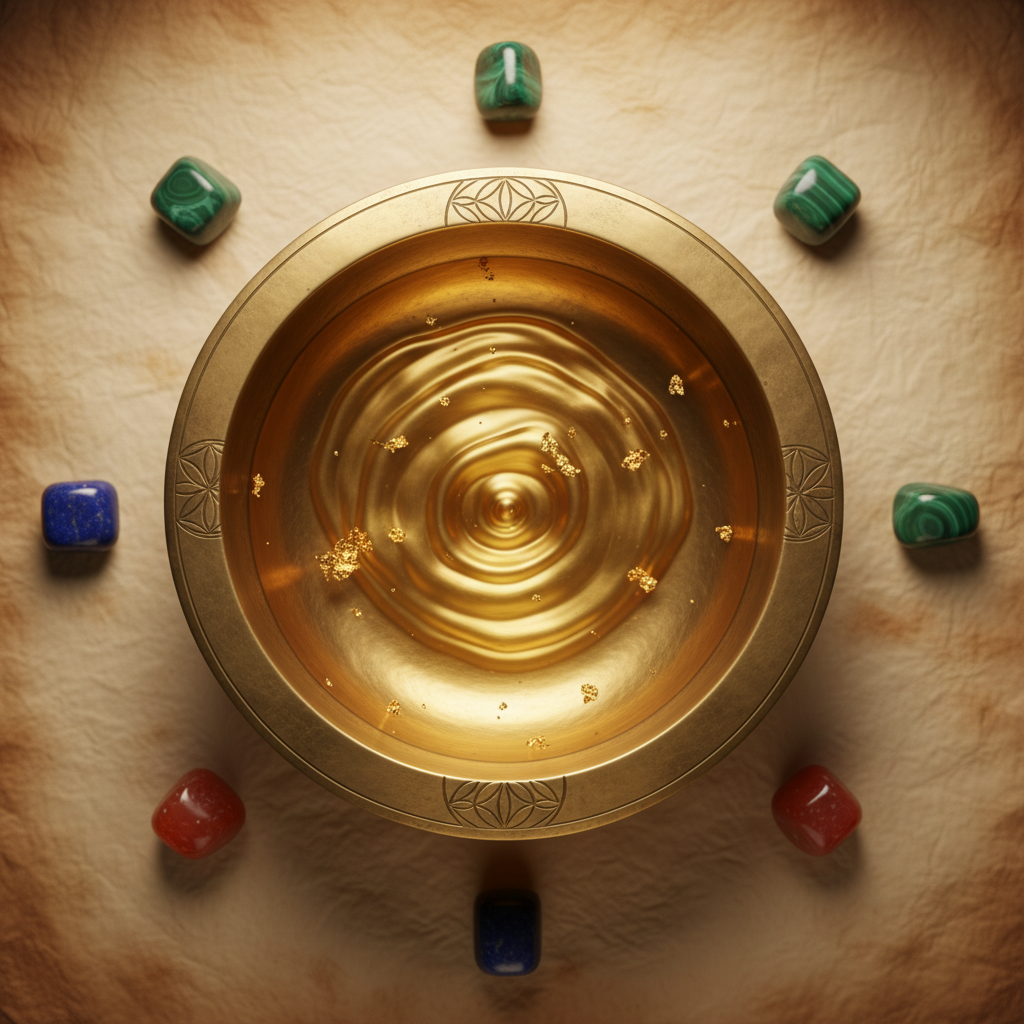 A brass alchemical bowl of swirling liquid gold, framed by lapis, malachite and carnelian stones on parchment