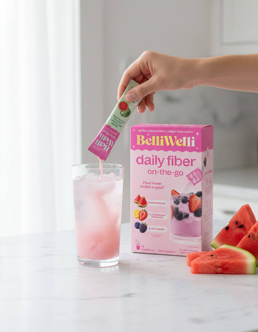 Hand pouring a BelliWelli stick pack into a glass of ice water on a kitchen counter