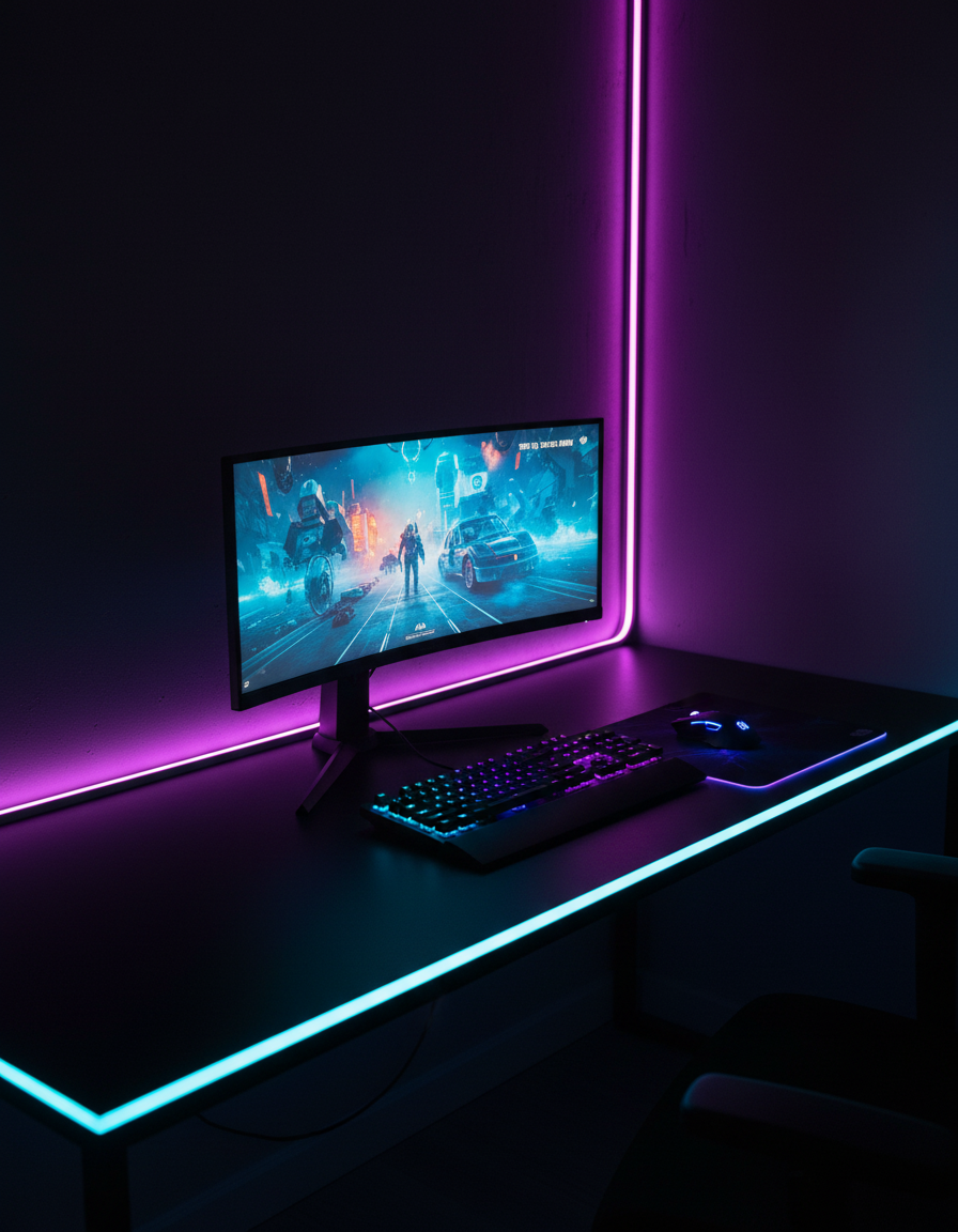 Gaming desk lit with cyan and purple neon strip