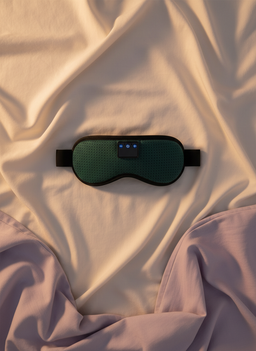 Zento smart sleep goggles resting on cream bed linen in evening lamp light