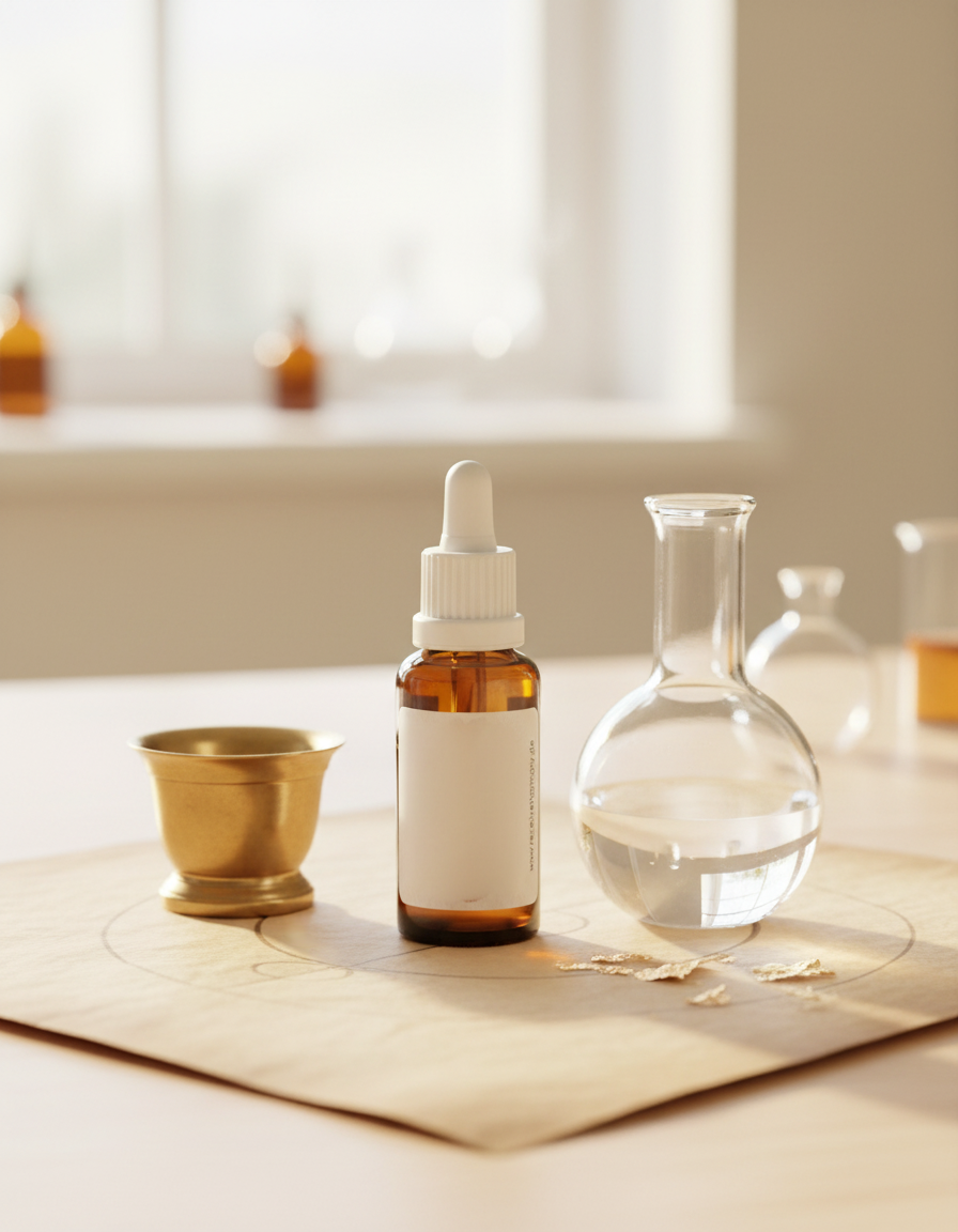 An amber dropper bottle on parchment beside a brass mortar and a glass flask in soft morning light