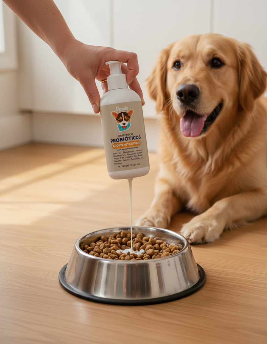 Añadiendo el suplemento Pawls a la comida de un perro