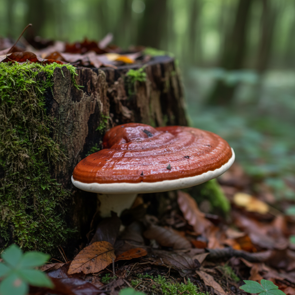 Reishi mushroom growing from a tree stump