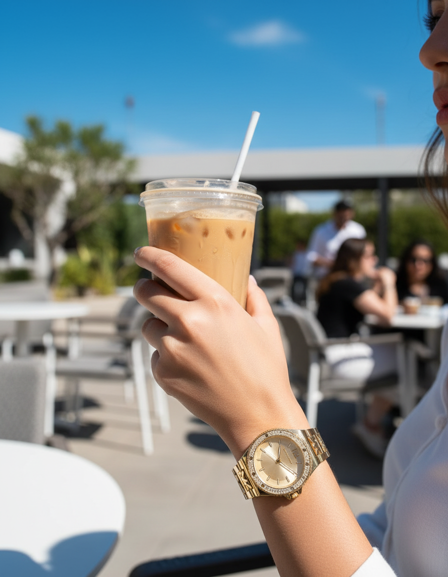 Jeune femme portant la montre dorée en terrasse, un café glacé à la main