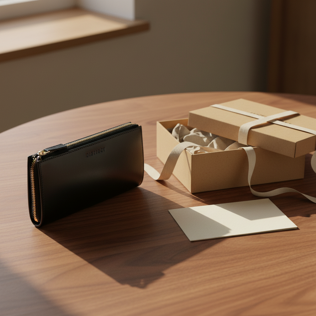 Black leather zip wallet on a wooden table beside an open kraft gift box with ribbon