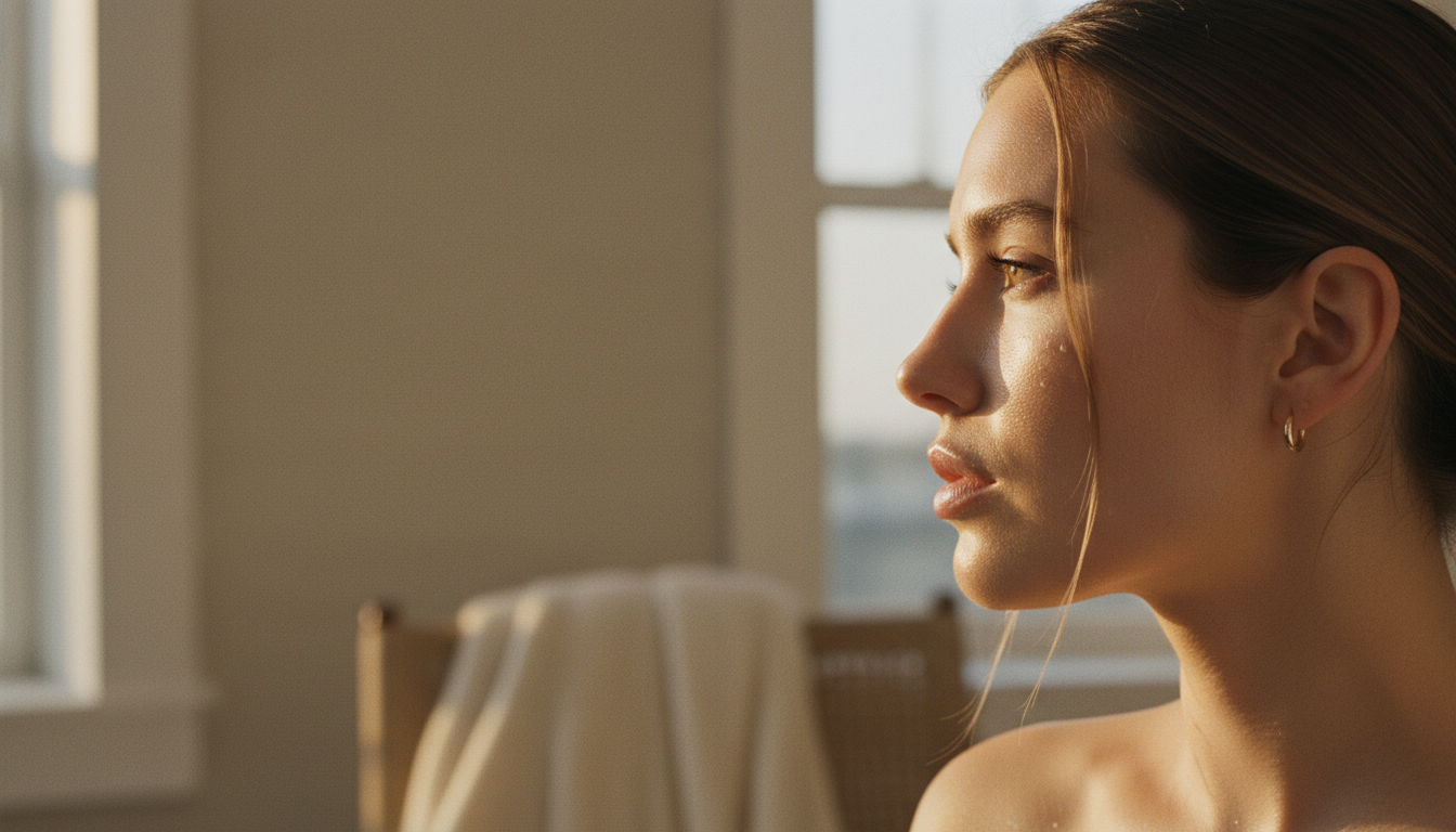 Close-up of dewy, luminous skin in soft golden light