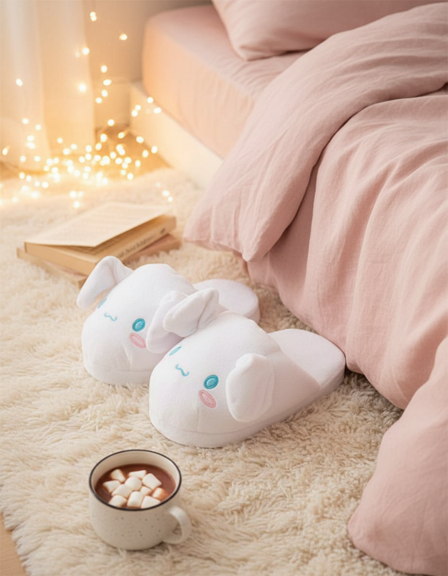 White cloud character slippers on a fluffy rug beside a pink bed with hot chocolate