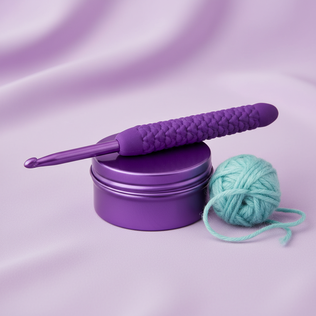 Custom purple crochet hook and storage tin