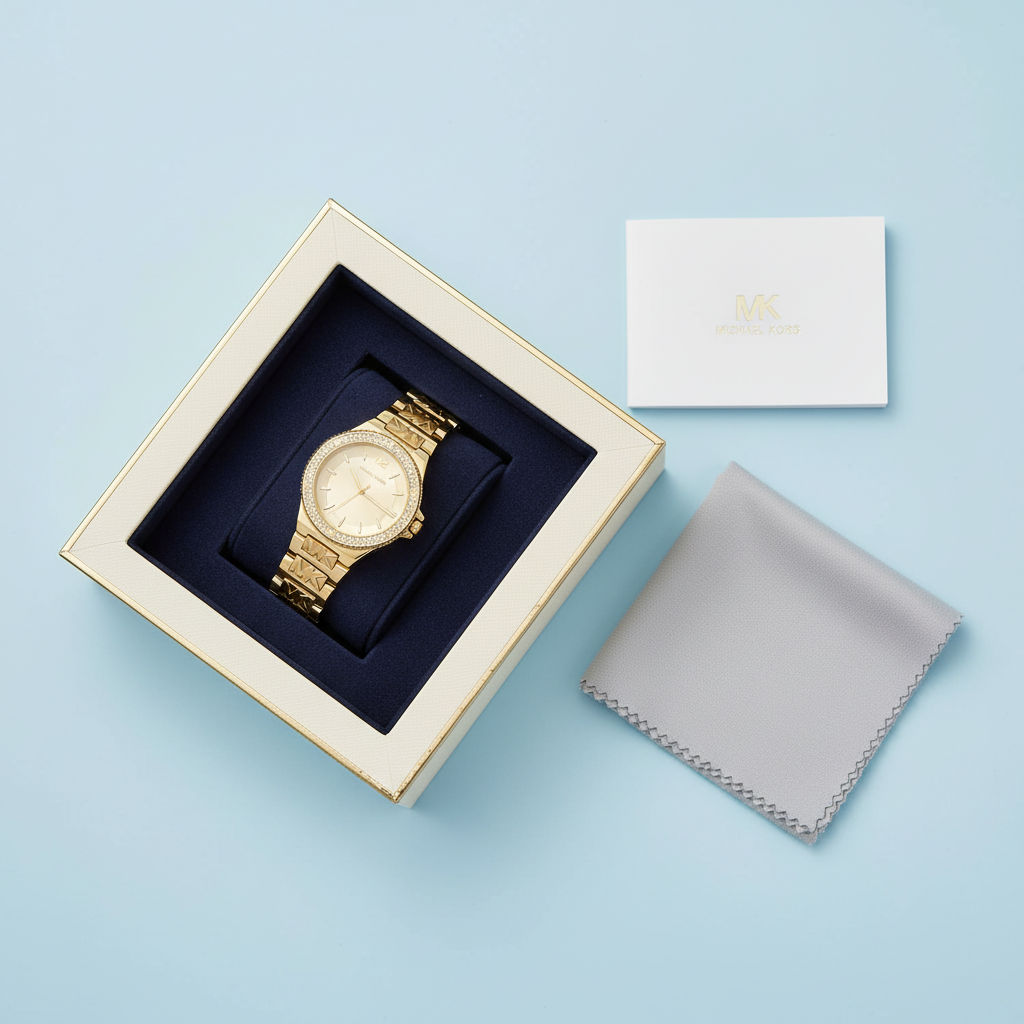 La montre dorée dans son coffret cadeau ouvert avec livret et chiffon