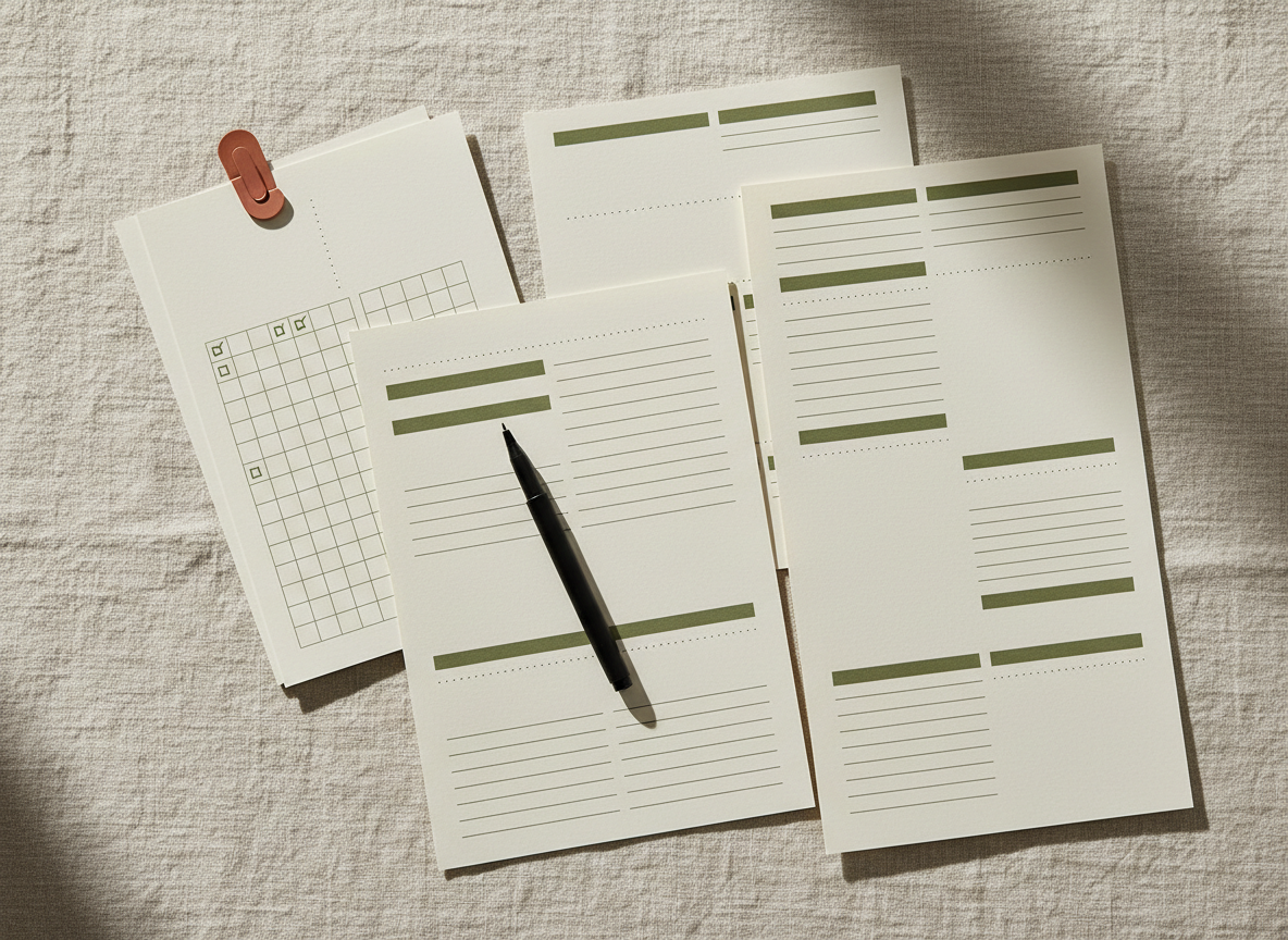 Hojas de trabajo y tracker de hábitos del workbook impresos sobre una mesa