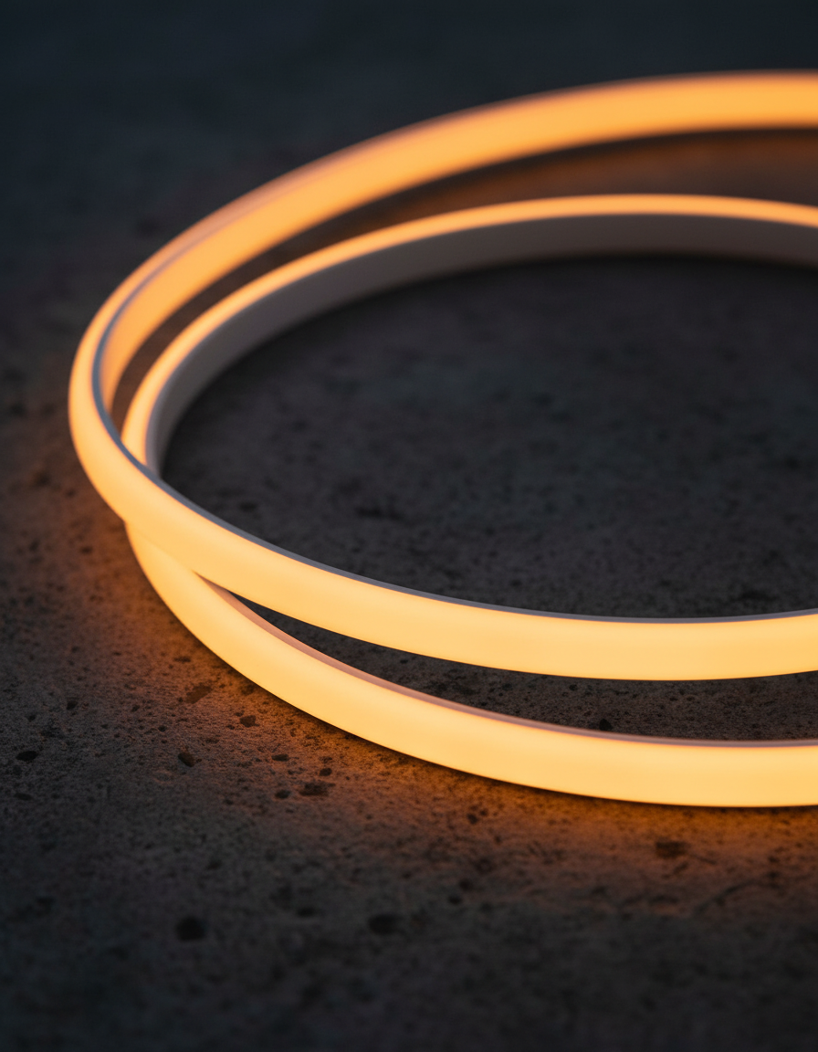 Close-up of the neon strip glowing warm amber