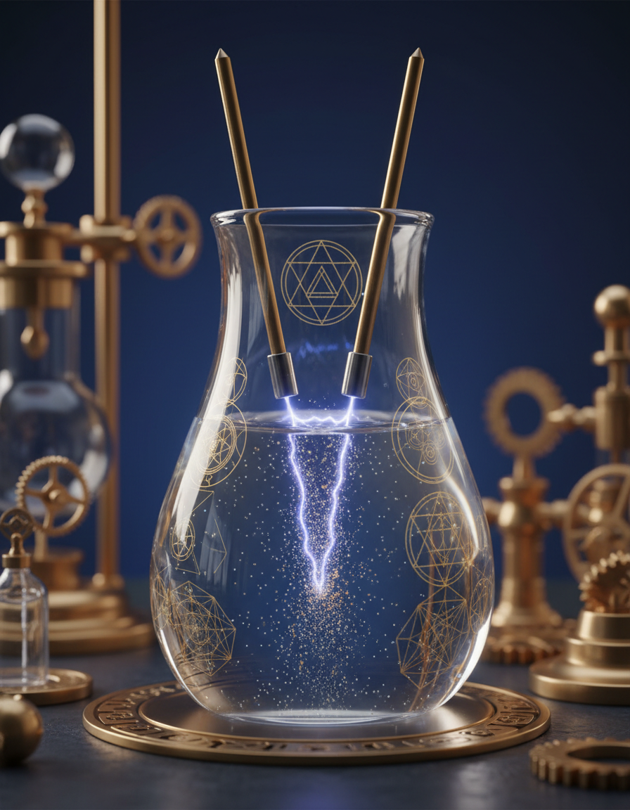 A glass vessel of purified water with two fine electrodes, blue-violet electric arcs and metallic particles dispersing, set among antique brass laboratory instruments