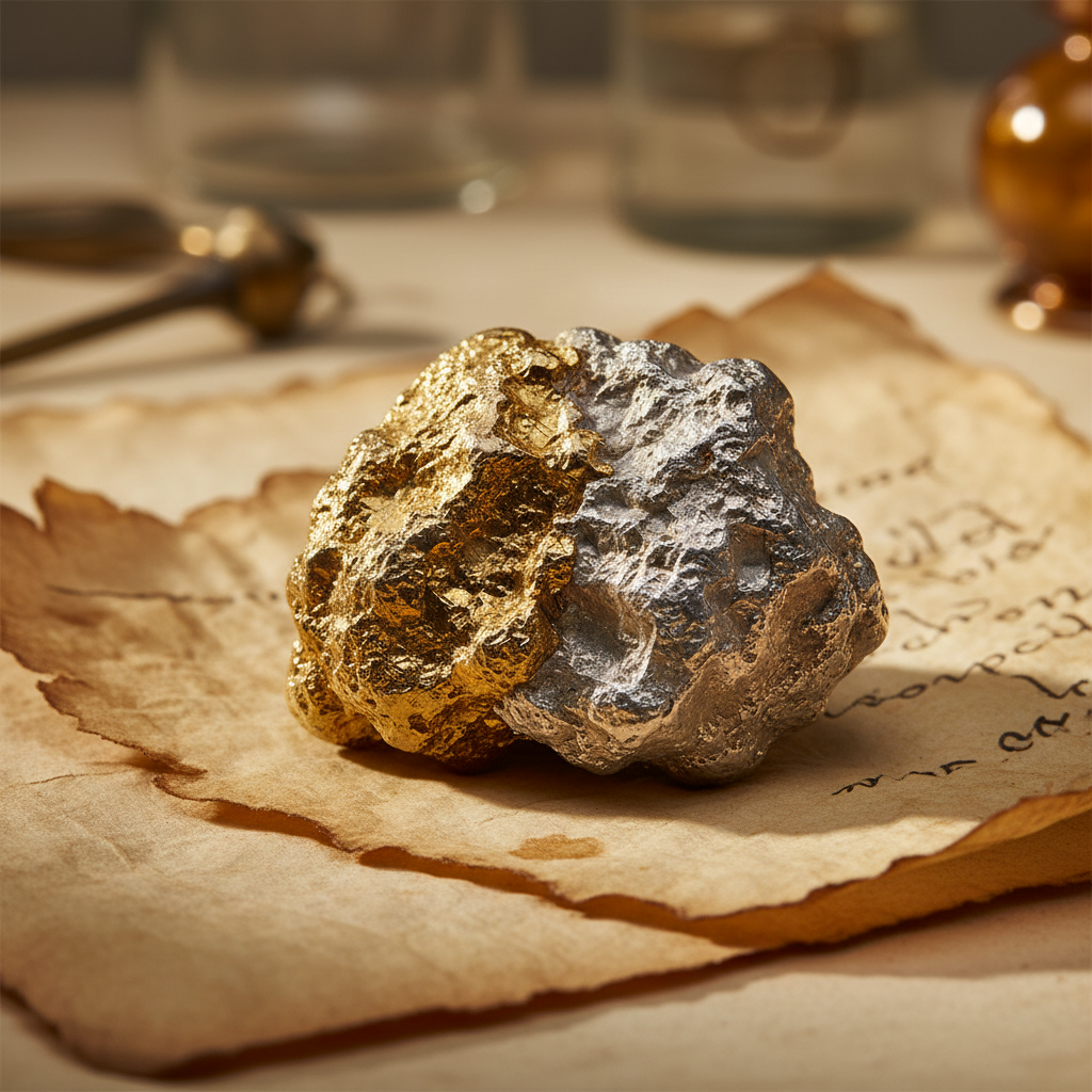 A raw nugget of native gold and silver resting on aged parchment