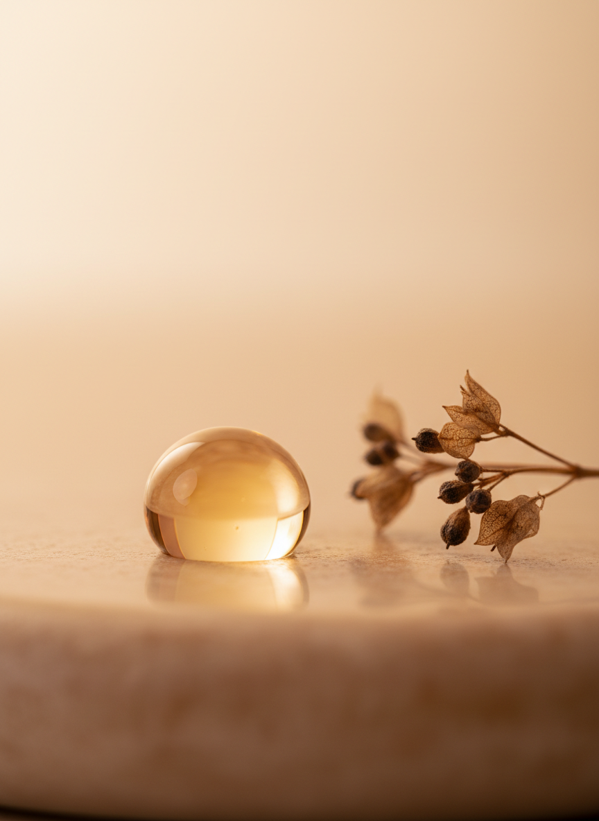 Golden botanical oil droplet beside a dried babchi sprig