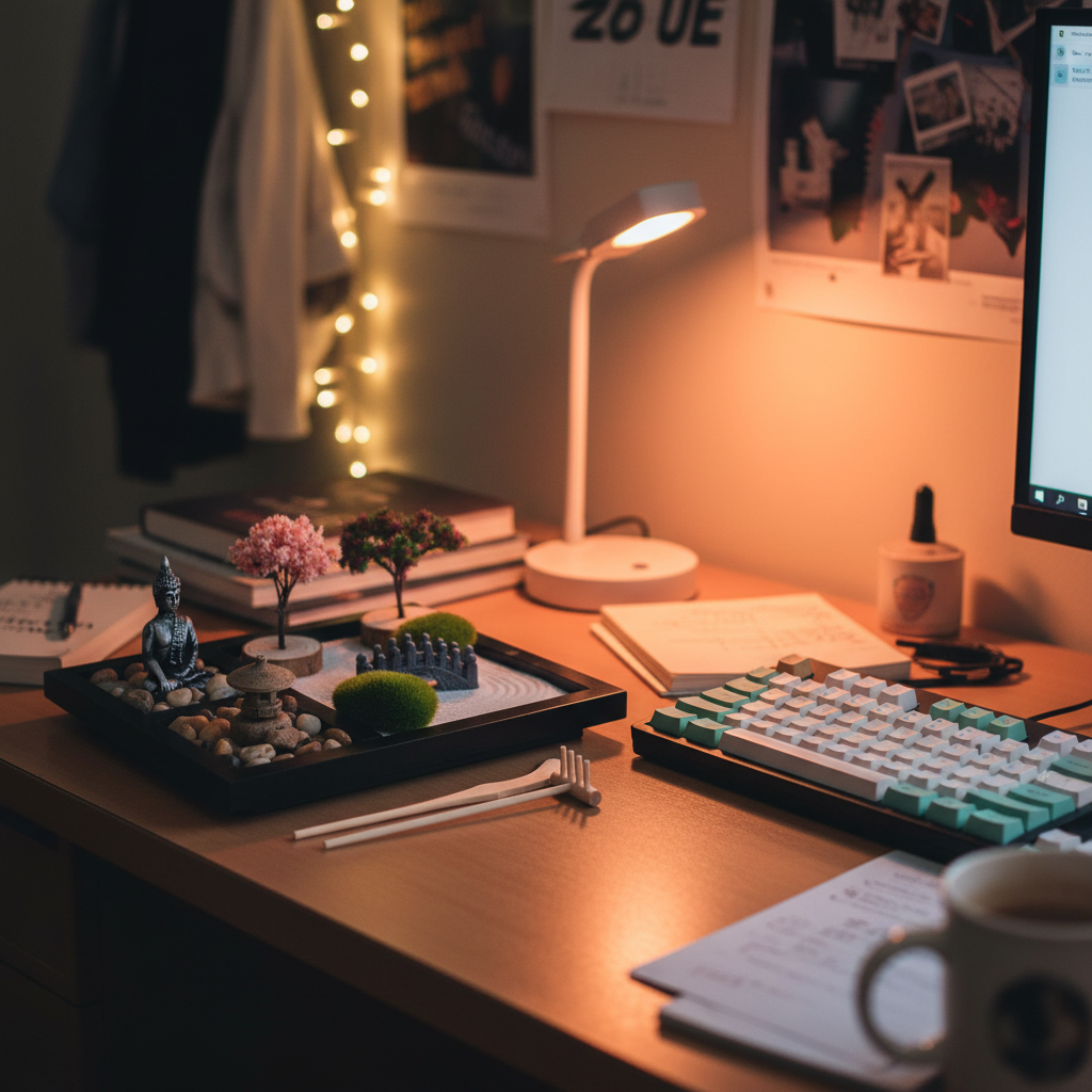 Deluxe Buddha and bonsai zen garden on a dorm desk next to a pastel mechanical keyboard in warm lamp light